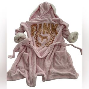 HTF PINK Victoria’s Secret Sherpa Robe Glam Sequin Dog Logo Hoodie Pink XS/S  💕💎